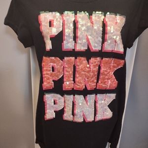 Ladies black shirt with pink sequins on the front by Pink by Victoria secret